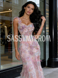 Pink Tulle Trumpet Mermaid Straps Flower Prom Dress