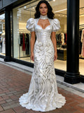 Trumpet Mermaid Silver Sequin High Neck Floral Prom Dress
