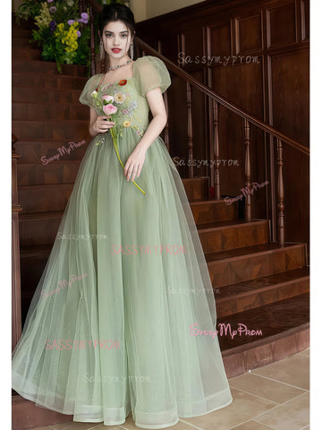 Flowers Short Sleeve Green Tulle Princess Prom Dress Sassymyprom Flowers Short Sleeve Green Tulle Princess Prom Dress Sassymyprom