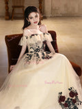 Flower Off The Shoulder Lace Champagne Prom Dress