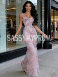 Pink Tulle Trumpet Mermaid Straps Flower Prom Dress