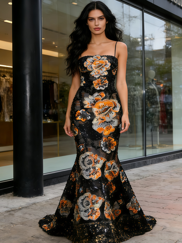 Spaghetti Straps Sequin Beading Trumpet Mermaid Prom Dress