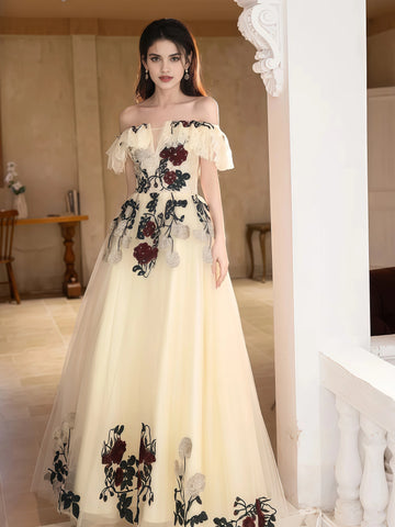 Flower Off The Shoulder Lace Champagne Prom Dress