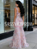 Pink Tulle Trumpet Mermaid Straps Flower Prom Dress