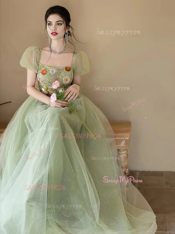 Flowers Short Sleeve Green Tulle Princess Prom Dress Sassymyprom Flowers Short Sleeve Green Tulle Princess Prom Dress Sassymyprom