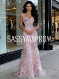 Pink Tulle Trumpet Mermaid Straps Flower Prom Dress