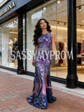 Sheath Column Sequin Purple Jewel Floral Prom Dress