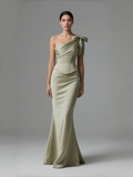 One Shoulder Corset Mermaid Green Satin Prom Dress