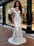 Trumpet Mermaid Silver Sequin High Neck Floral Prom Dress