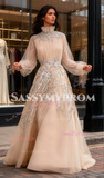 Champagne Tulle Appliques High Neck Long Sleeve Prom Dress
