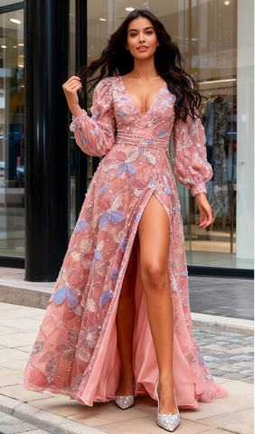 Coral V Neck Long Sleeves Beading Flower Prom Dress With Slit US10 Coral V Neck Long Sleeves Beading Flower Prom Dress With Slit US10