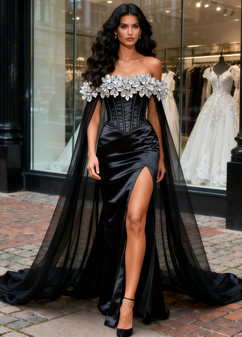 Black Shawl Trumpet Mermaid Beading Off The Shoulder Prom Dress
