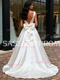 Bowknot A Line Sleeveless V Neck Satin Wedding Dress
