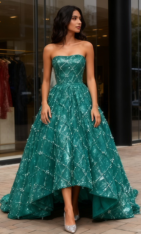 Strapless High Low Beading Green Tulle Prom Dress