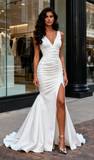 Trumpet Mermaid Ruched Satin V Neck Wedding Dress With Slit