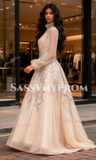 Champagne Tulle Appliques High Neck Long Sleeve Prom Dress