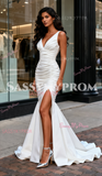 Trumpet Mermaid Ruched Satin V Neck Wedding Dress With Slit