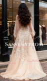 Champagne Tulle Appliques High Neck Long Sleeve Prom Dress