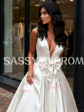 Bowknot A Line Sleeveless V Neck Satin Wedding Dress