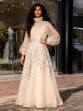 Champagne Tulle Appliques High Neck Long Sleeve Prom Dress