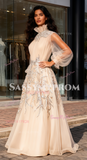 Champagne Tulle Appliques High Neck Long Sleeve Prom Dress