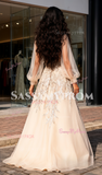 Champagne Tulle Appliques High Neck Long Sleeve Prom Dress