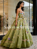 Tulle A Line Sweetheart Princess Green Flower Prom Dress