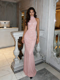 Trumpet Mermaid Pink Sequin High Neck Prom Dress