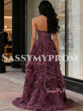 Tulle A Line Strapless Ruffles Purple Prom Dress With Slit