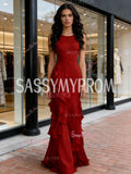 A Line Chiffon Burgundy Scoop Ruffles Prom Dress