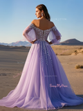 A Line Long Sleeve Lavender Tulle Beading Prom Dress