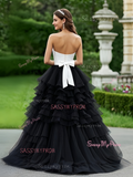 Tulle A Line Ruffles White & Black Prom Dress