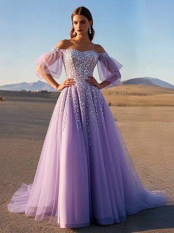 A Line Long Sleeve Lavender Tulle Beading Prom Dress