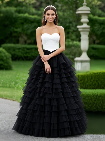 Tulle A Line Ruffles White & Black Prom Dress