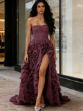 Tulle A Line Strapless Ruffles Purple Prom Dress With Slit