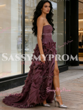 Tulle A Line Strapless Ruffles Purple Prom Dress With Slit