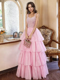 Sweetheart Ruffles Sequin Pink Straps Prom Dress