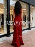 A Line Chiffon Burgundy Scoop Ruffles Prom Dress