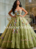 Tulle A Line Sweetheart Princess Green Flower Prom Dress