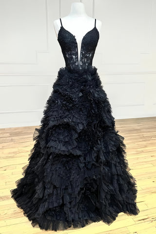 Black V Neck Tulle Backless Ruffles A Line Prom Dress