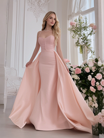 Pink Satin Sheath Spaghetti Straps Prom Dress With Detachable Train