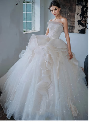 Tulle Strapless A Line Ruffles Sparkle Wedding Dress