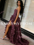 Tulle A Line Strapless Ruffles Purple Prom Dress With Slit
