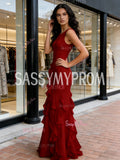 A Line Chiffon Burgundy Scoop Ruffles Prom Dress