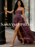 Tulle A Line Strapless Ruffles Purple Prom Dress With Slit