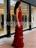 A Line Chiffon Burgundy Scoop Ruffles Prom Dress