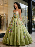Tulle A Line Sweetheart Princess Green Flower Prom Dress