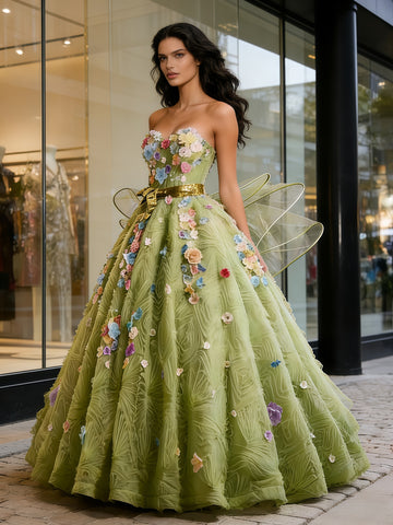 Tulle A Line Sweetheart Princess Green Flower Prom Dress