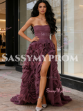 Tulle A Line Strapless Ruffles Purple Prom Dress With Slit
