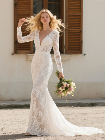 Trumpet Mermaid Backless Lace Long Sleeve Wedding Dress
